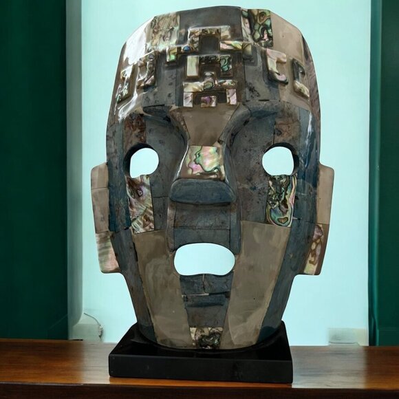 Vintage Mayan Turquoise & Abalone Mosaic Death Mask On‎ Black Stone Base - Picture 11 of 15